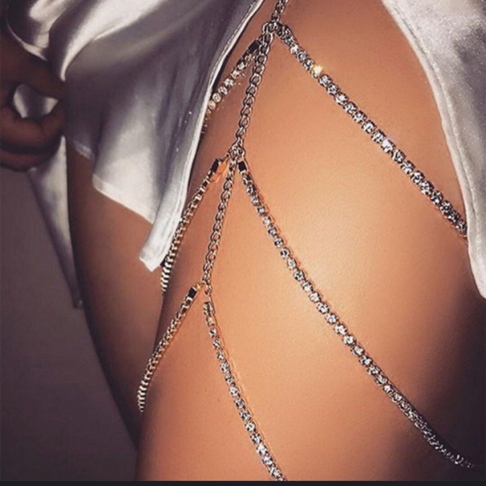 Three tier silver and rhinestone thigh chain